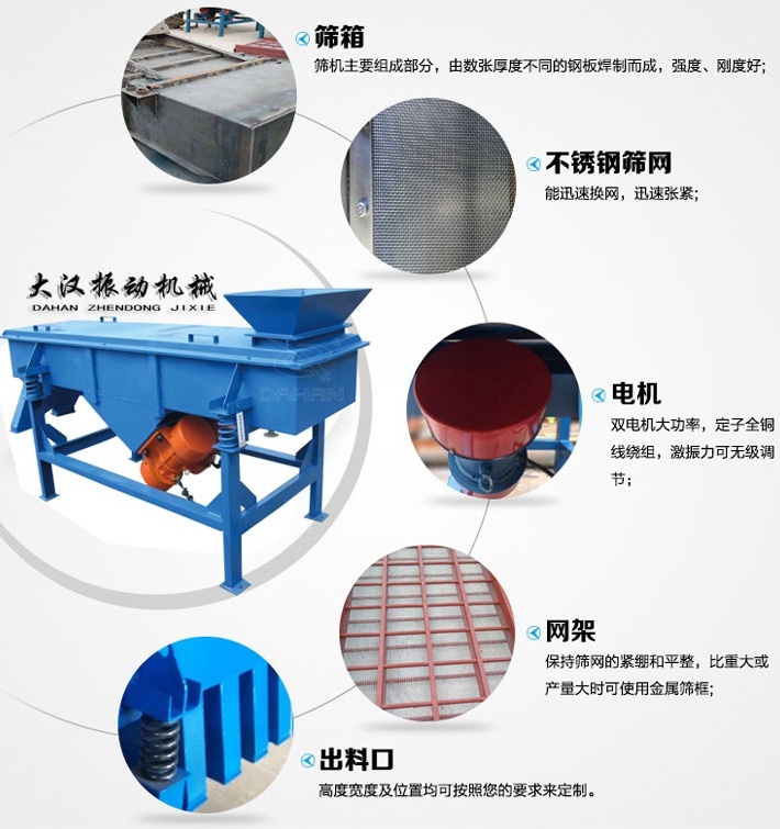 525型直線振動篩結(jié)構(gòu)細節(jié)：篩箱：篩機主要組成部分，由數(shù)張厚度不同的鋼板焊制而成，強度，剛度好。不銹鋼篩網(wǎng)：能速換網(wǎng)，迅速張緊。電機：雙電機大功率，定子全銅線繞組，激振力可無級調(diào)節(jié)。網(wǎng)架：保持篩網(wǎng)的緊繃和平整，比重大或產(chǎn)量大時可使用金屬篩框。出料口：高度寬度及位置均可按照您的要求定制。