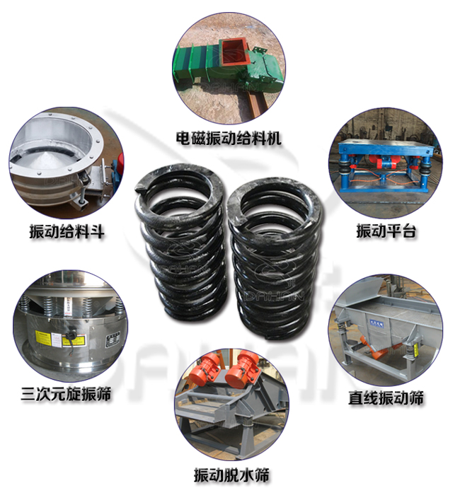 旋振篩減震彈簧適用產(chǎn)品：振動給料機，電磁振動給料機，振動平臺，直線振動篩，振動脫水篩，三次元旋振篩。
