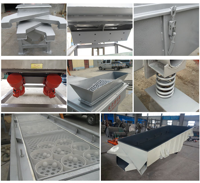 多層直線振動篩由進料口,底座,振動電機,篩網(wǎng),篩框,彈簧,出料口等組成。