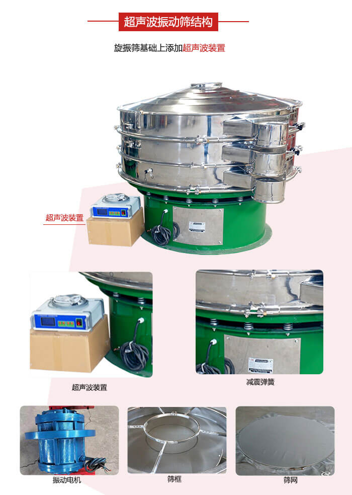 圓篩機(jī)內(nèi)部結(jié)構(gòu)：主要由振動電機(jī)、篩框、篩網(wǎng)、超聲波系統(tǒng)、減震彈簧等展示圖