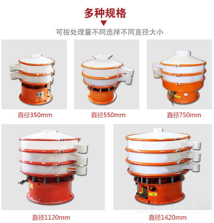 塑料振動篩不同篩分直徑進(jìn)行展示：350，550，750，1120，1420等。