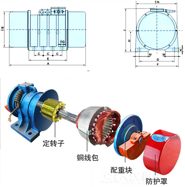 ZFB倉壁振動(dòng)器外形尺寸字母代表：A為整機(jī)長度F為整機(jī)寬度B為主機(jī)寬度等。結(jié)構(gòu)：定轉(zhuǎn)子，銅線包，配重塊，防護(hù)罩等。