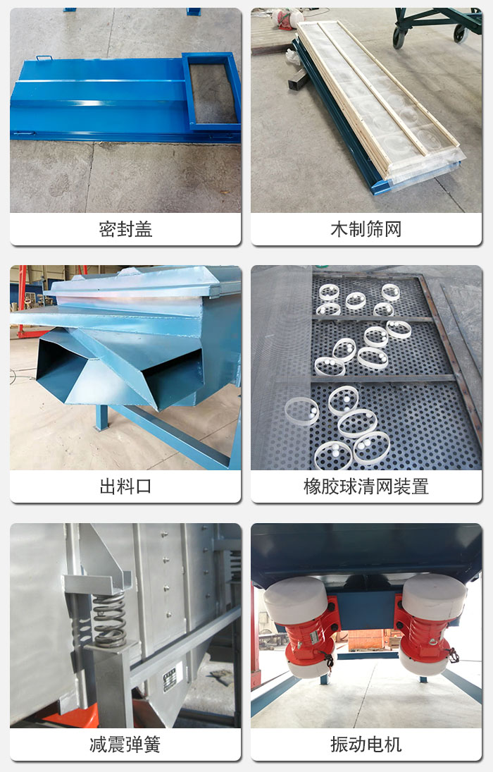 直線篩結(jié)構(gòu)展示：篩網(wǎng)，篩箱，振動電機(jī)，振動電機(jī)座，減震彈簧，支架等部件展示圖