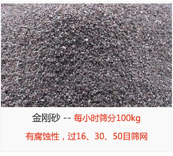 篩分金剛砂每小時100kg，有腐蝕性，過16、30、50目篩網(wǎng)