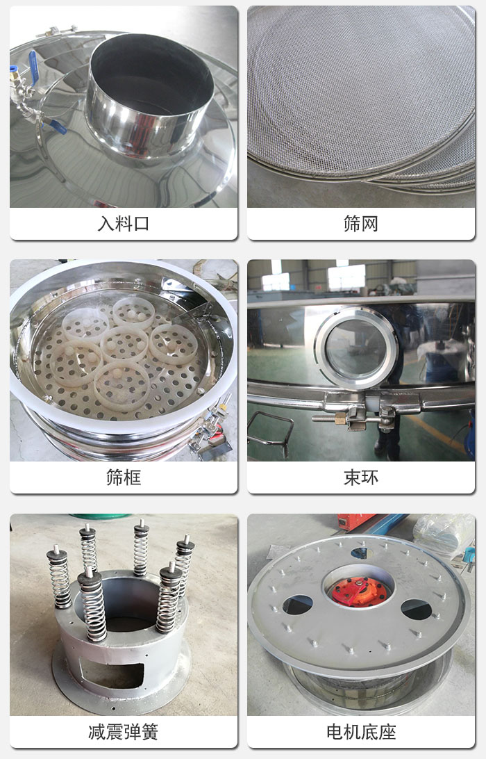 醫(yī)藥振動(dòng)篩有電機(jī)底座，減震彈簧，束環(huán)，篩框，入料口，篩網(wǎng)等部件展示。