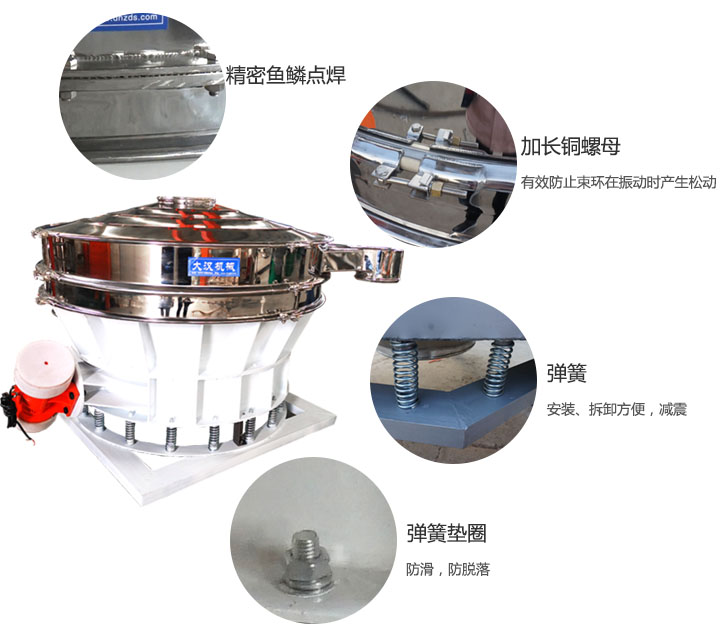 1500直排篩細(xì)節(jié)展示：彈簧，彈簧墊圈，加長(zhǎng)銅螺母。