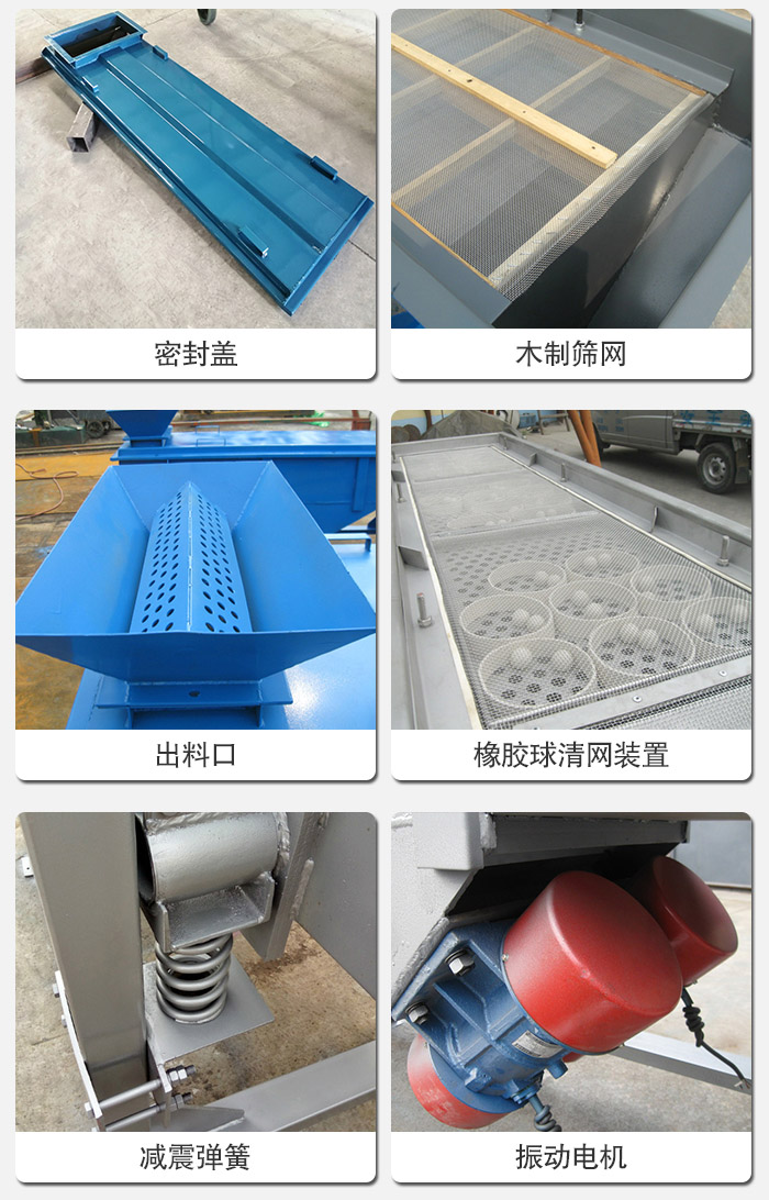 直線篩分機(jī)的結(jié)構(gòu)展示圖：篩箱是物料主要篩分設(shè)備之一，篩網(wǎng)用于篩分物料，振動(dòng)電機(jī)幫助篩網(wǎng)篩分。