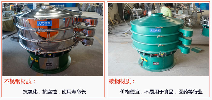 800型振動篩有不銹鋼和碳鋼兩種材質，不銹鋼材質：抗氧化，抗腐蝕，使用壽命長 碳鋼材質：價格便宜，不易篩分食品，化工，醫(yī)藥等行業(yè)的物料。