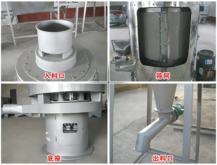 氣流篩部件展示：入料口，篩網(wǎng)，底座，出料口等。