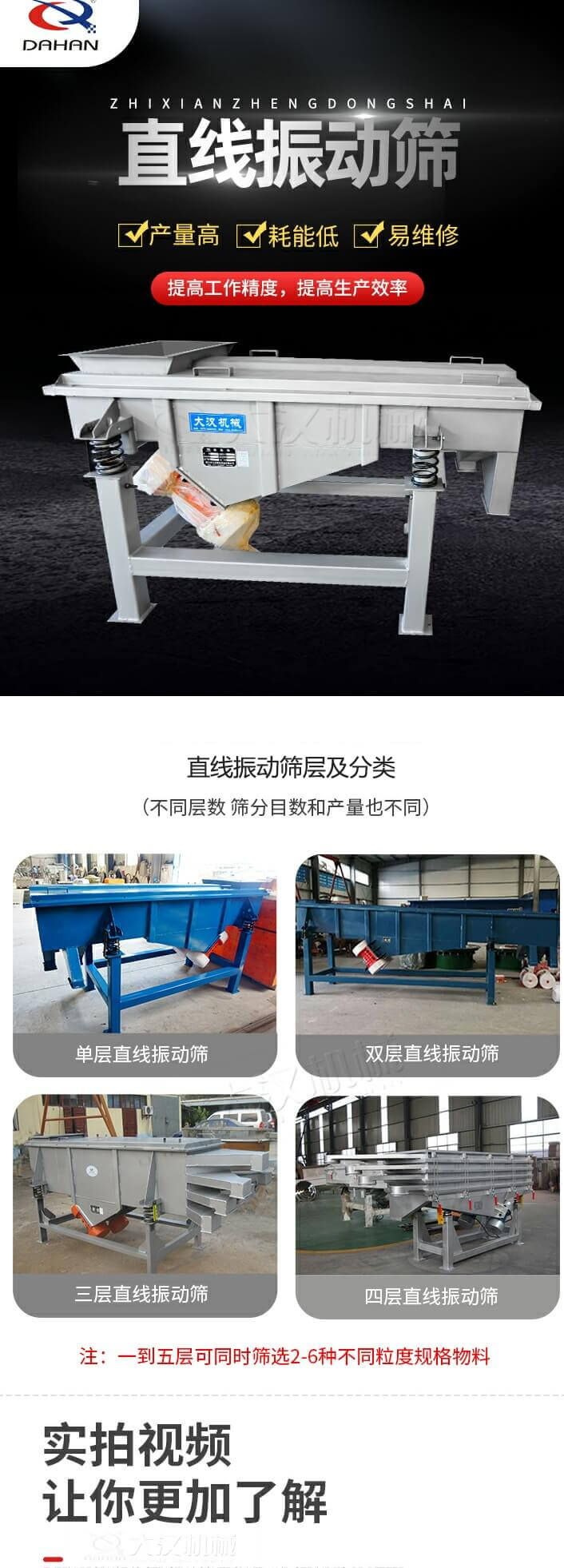 直線振動(dòng)篩概述，產(chǎn)量高，耗能低，易維修，提高工作精度，提高生產(chǎn)效率，直線振動(dòng)篩層級(jí)分類：不同層數(shù)，篩分目數(shù)和產(chǎn)量也不同：單層，雙層，三層，四層等。