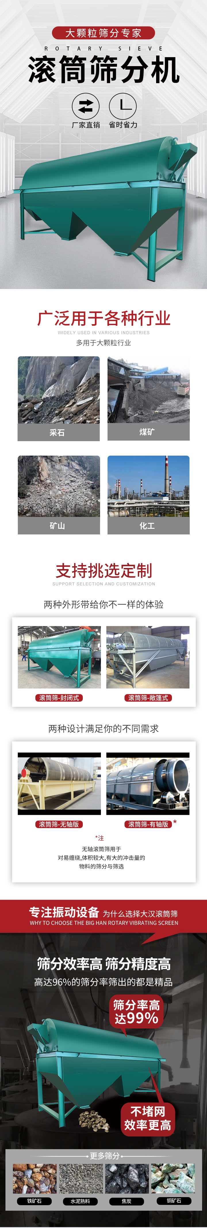 滾筒篩分機(jī)大顆粒篩分專家：廠家直銷，省時省力。滾筒篩被廣泛應(yīng)用各種行業(yè)：多用于大顆粒行業(yè)例如：采石，煤礦，礦山，化工等。滾筒篩定制類型有哪些：封閉式與敞篷式產(chǎn)品結(jié)構(gòu)分為：無軸式，有軸式兩種，無軸滾筒篩用于對纏繞，體積較大，有大的沖擊量的物料的篩分與篩選。滾筒篩篩分效率高篩分精度能夠達(dá)到：96%也比較適用于鐵礦石，水泥熟料，焦炭，銅礦石。滾筒篩特點(diǎn)：不飛粉末：密封隔離罩，密封性好，工作過程不會出現(xiàn)飛粉現(xiàn)象。外型尺寸是按筒體長計