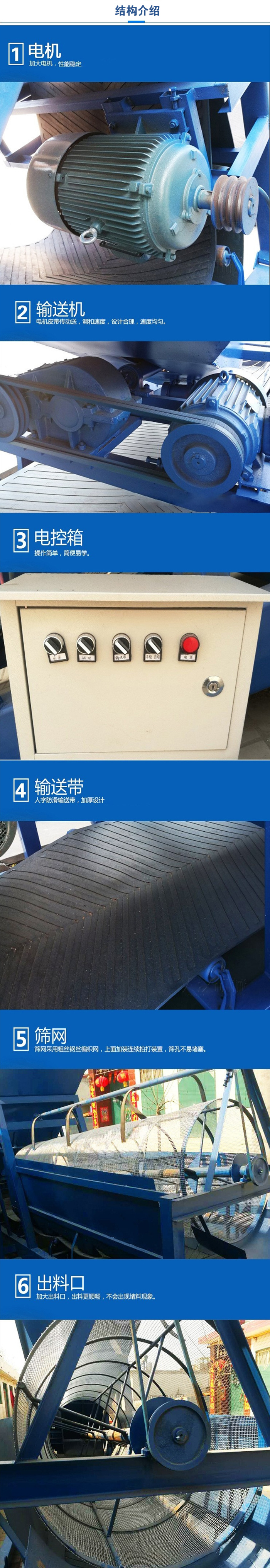 移動篩沙機(jī)結(jié)構(gòu):電機(jī)，加大電機(jī)，性能相對比較穩(wěn)定。輸送機(jī)：電機(jī)皮帶傳動送，調(diào)和速度，設(shè)計合理，速度均勻。電控箱：操作簡單，簡便易學(xué)。輸送帶：人字防滑輸送帶，加厚設(shè)計。篩網(wǎng)，采用粗絲鋼絲編織而成的篩網(wǎng)，上面加裝連續(xù)拍打裝置，篩孔不易堵塞。出料口：加大出料口，出料更順暢，不會出現(xiàn)堵料現(xiàn)象。