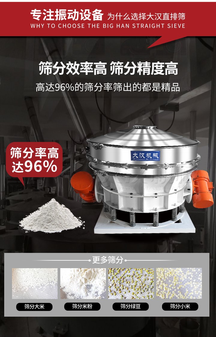 直排篩適用物料有面粉，淀粉，洗衣粉，金屬粉，添加劑，化工，非礦等行業(yè)。