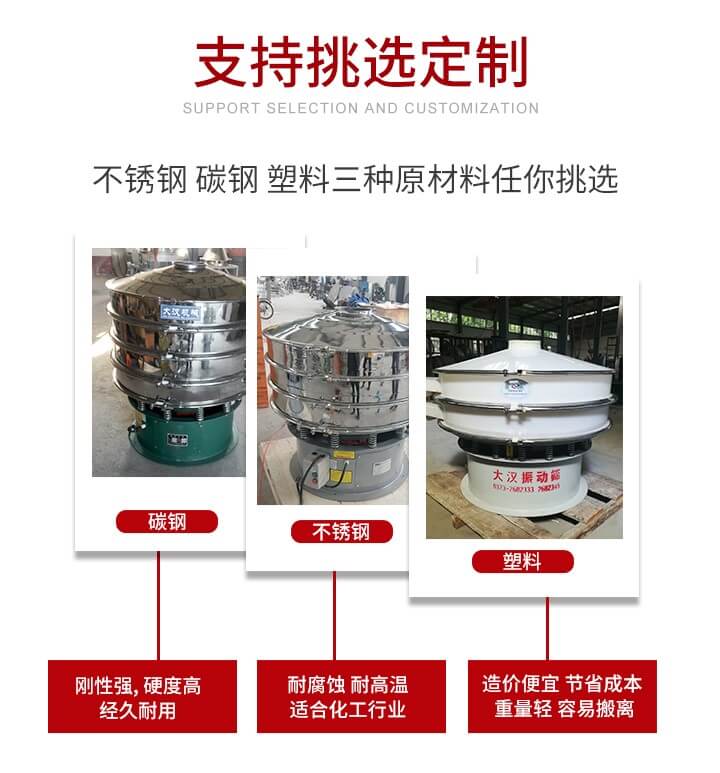 旋振篩可配置一到四層的篩網(wǎng)。旋振篩的篩分效率高，篩分精度高，篩分率高達(dá)96%。