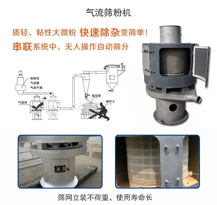 氣流篩粉機適用：質(zhì)輕，粘性大微粉采用串聯(lián)系統(tǒng)重，無人操作自動篩分 特點：篩網(wǎng)立裝不負重，使用壽命長。