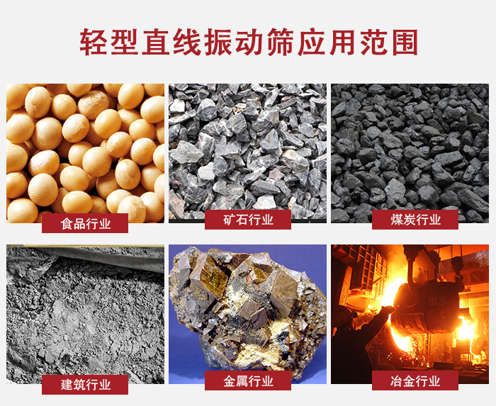 輕型直線振動篩應(yīng)用范圍較廣多使用與顆粒狀，粉狀以及其它重型行業(yè)的輸送。
