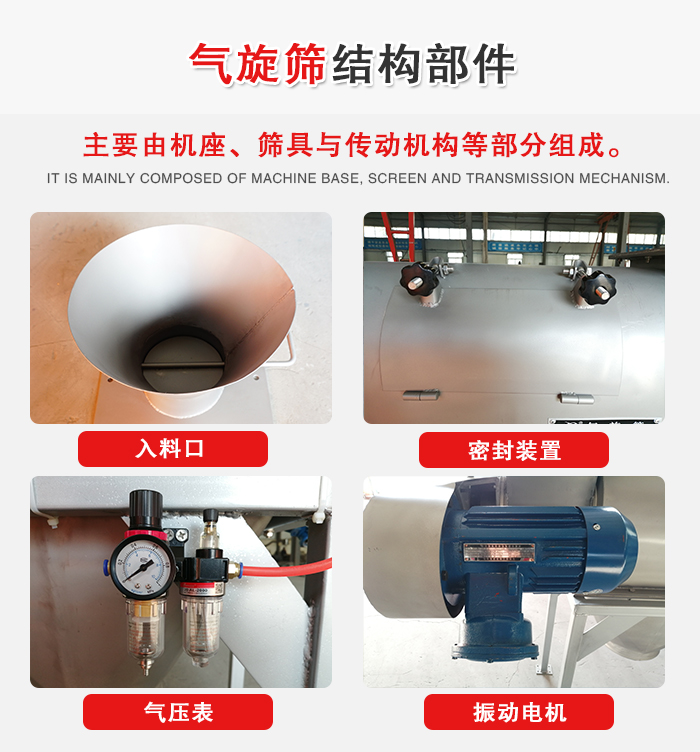 氣旋篩結構：入料口，密封裝置，電機，氣壓表等