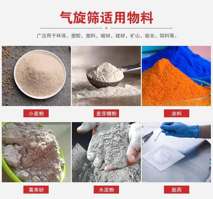氣旋篩適用物料：小麥粉，麥芽糖粉，涂料，等粉狀物料。