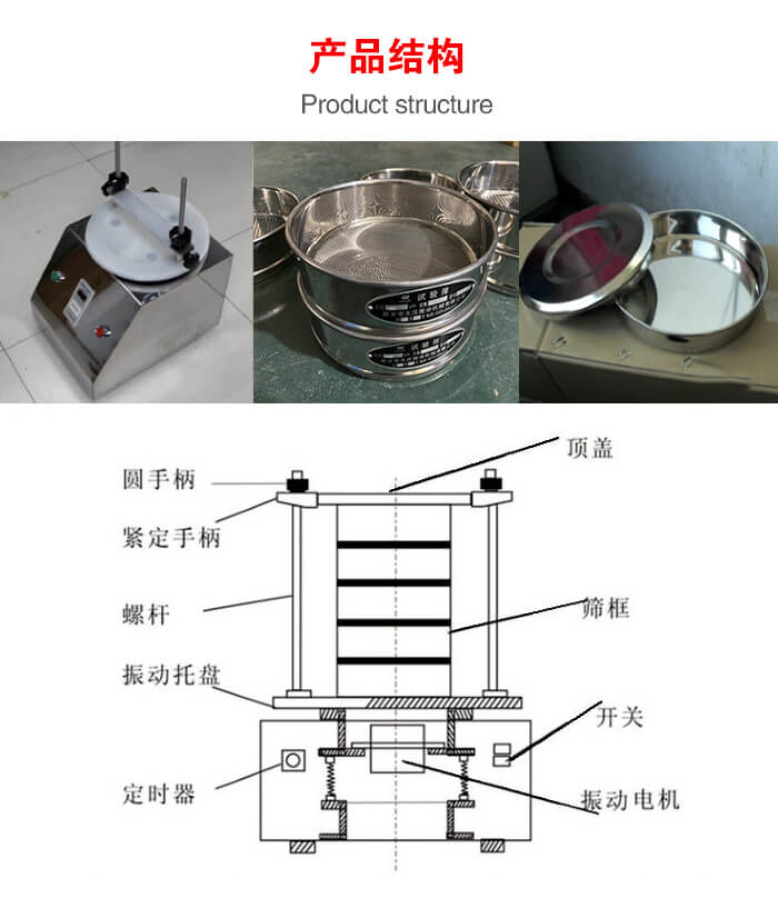 實驗室振動篩-試驗篩結構主要由：圓手柄，緊定手柄，螺桿，振動托盤，篩框，頂蓋等。