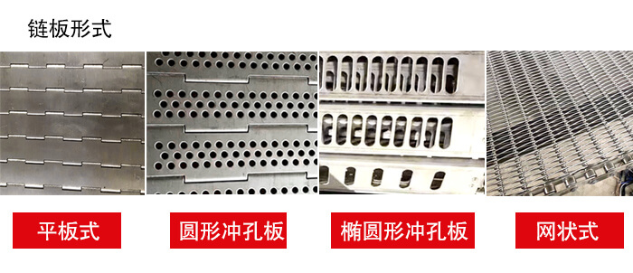 鏈板輸送機(jī)鏈板的不同形式：平板式，圓形沖孔板，網(wǎng)狀式等